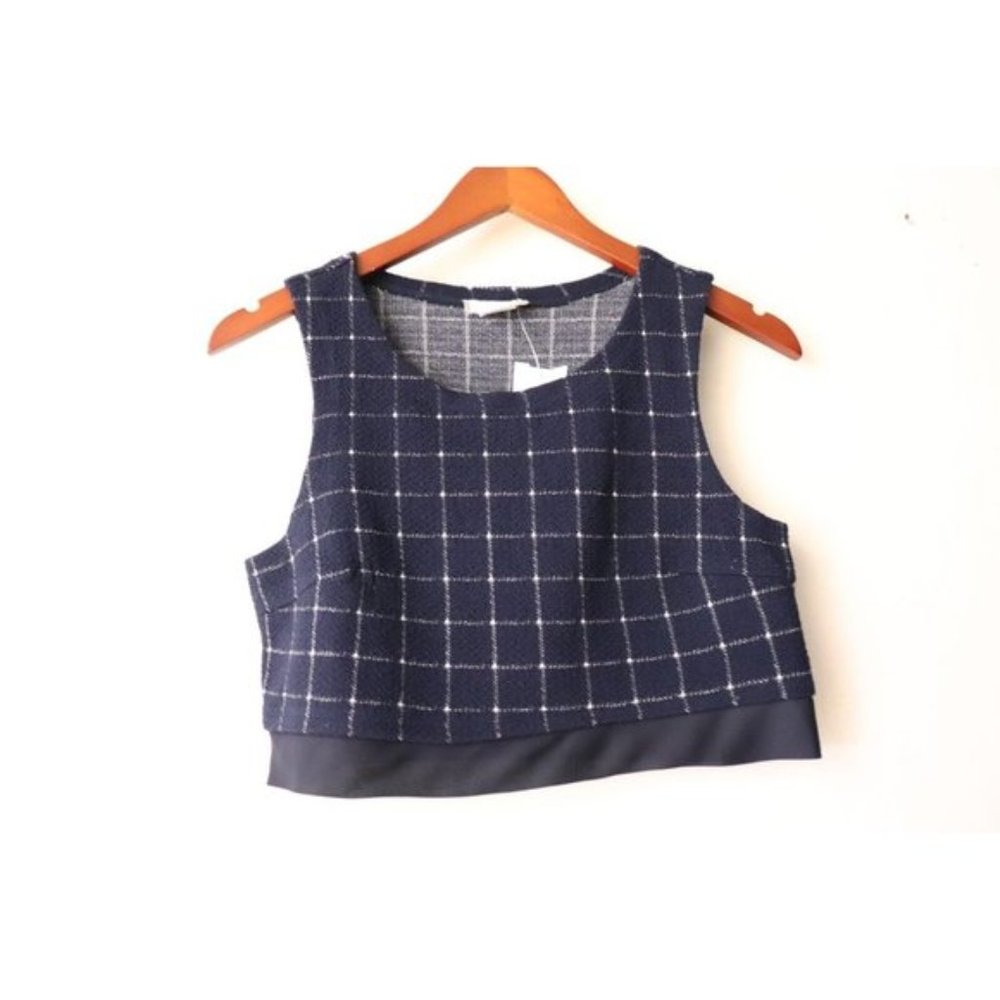 Cooperative Women's Small Navy Blue White Crop Top Scoop Neck Plaid Knit Tank